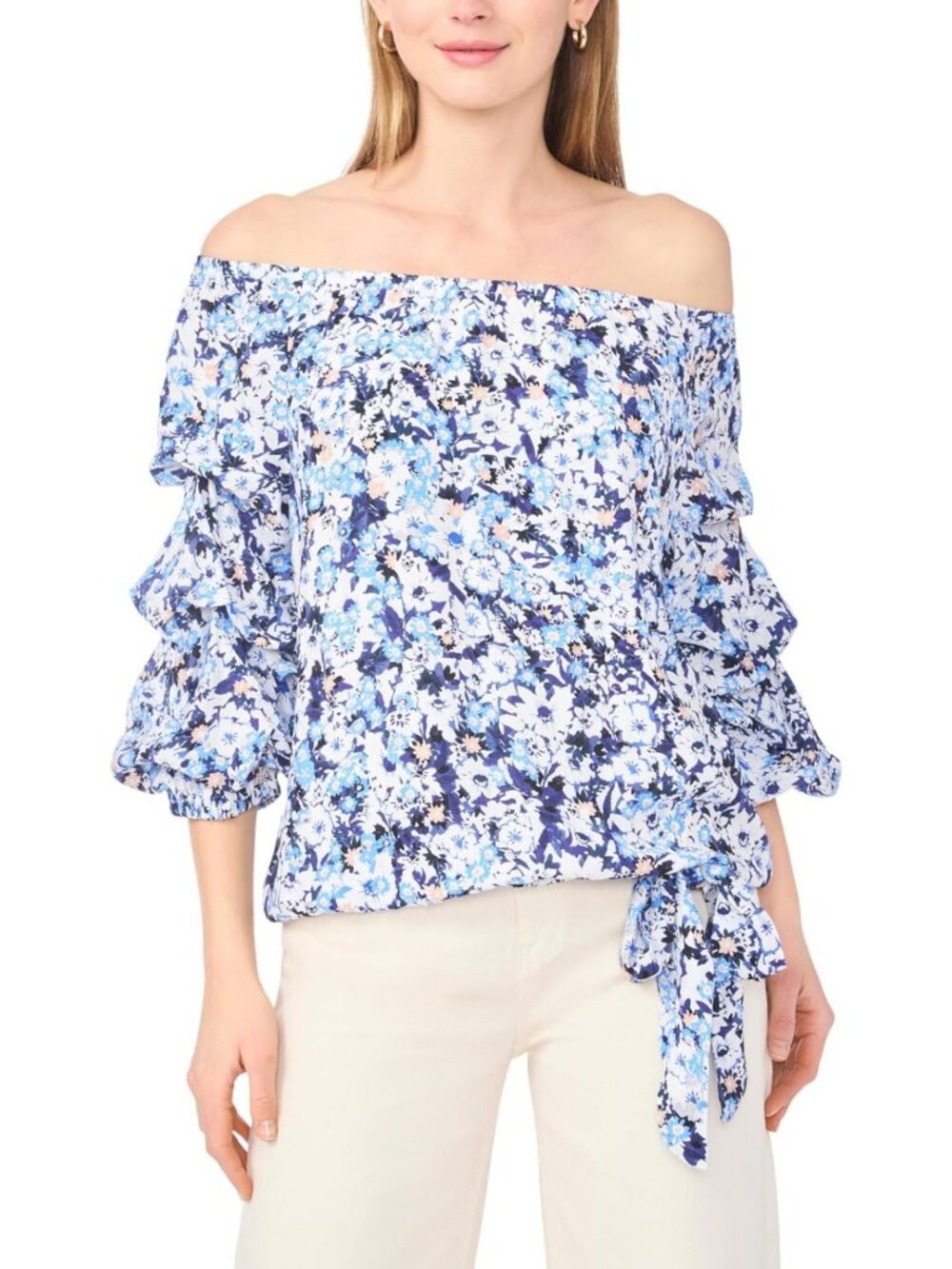 Stylish Off the Shoulder Bubble Sleeve Blouse with Side Tie - Women's Fashion